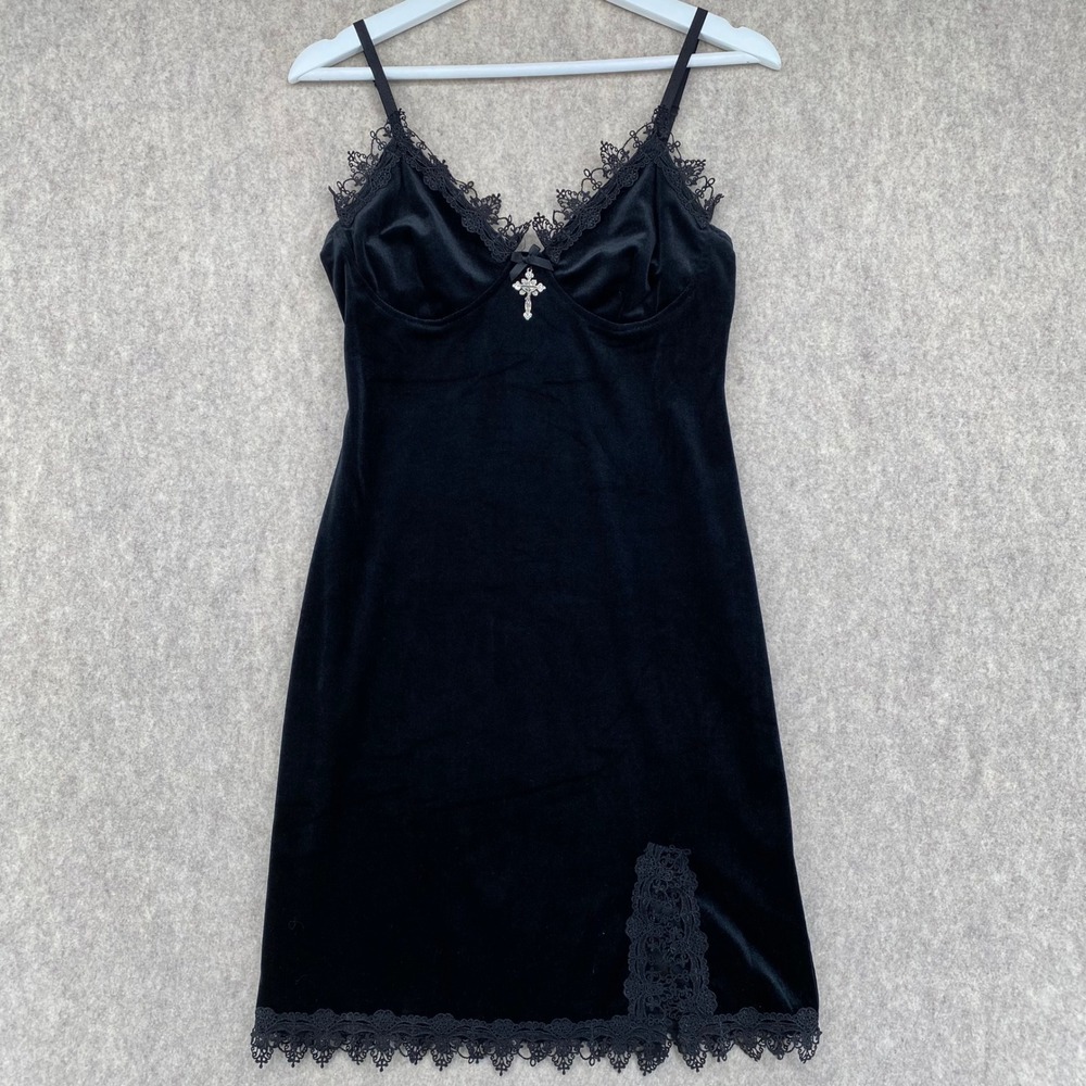 Black Velvet Gothic Dress Lace Trim Cross Charm Y2K Grunge Bodycon